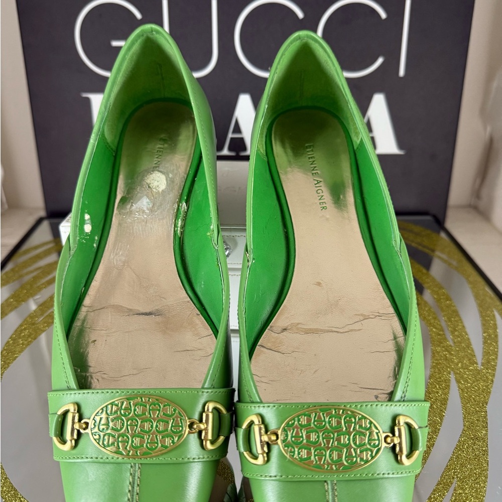 Etienne Aigner Green Loafers with Gold Buckle